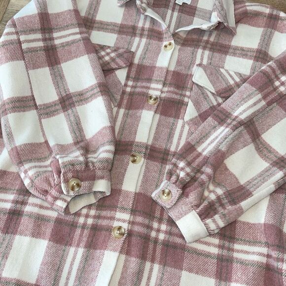 Mud Pie Womens Plaid Balloon Long‎ Sleeve Flannel Shirt Dusty Rose Size Large - Picture 6 of 10
